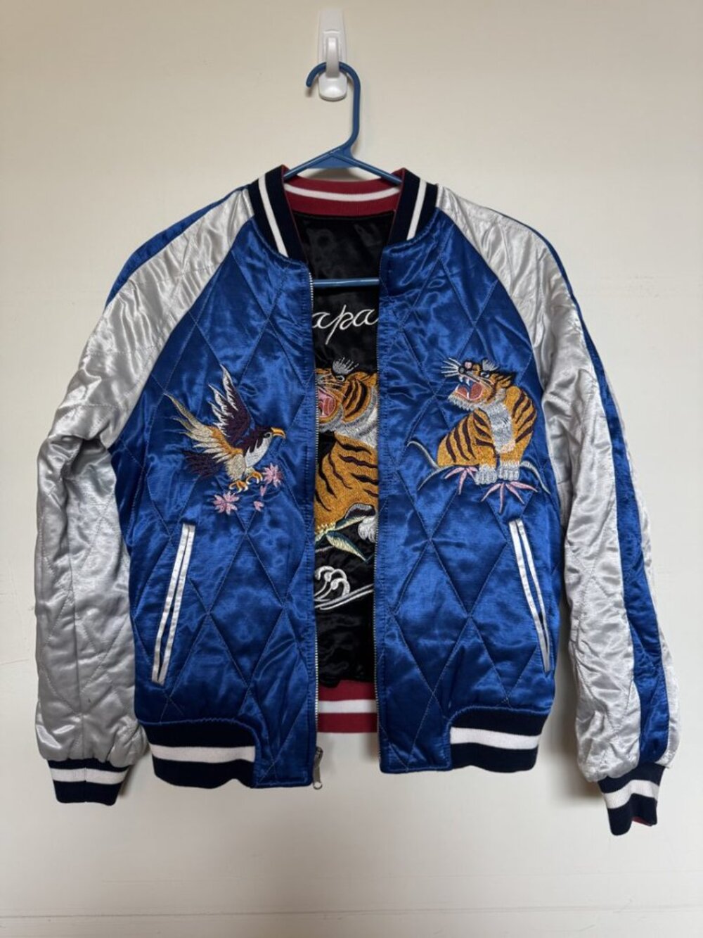 Topshop Vintage Reversible Japan Bomber Jacket Satin Sukajan Tiger Eagle M
